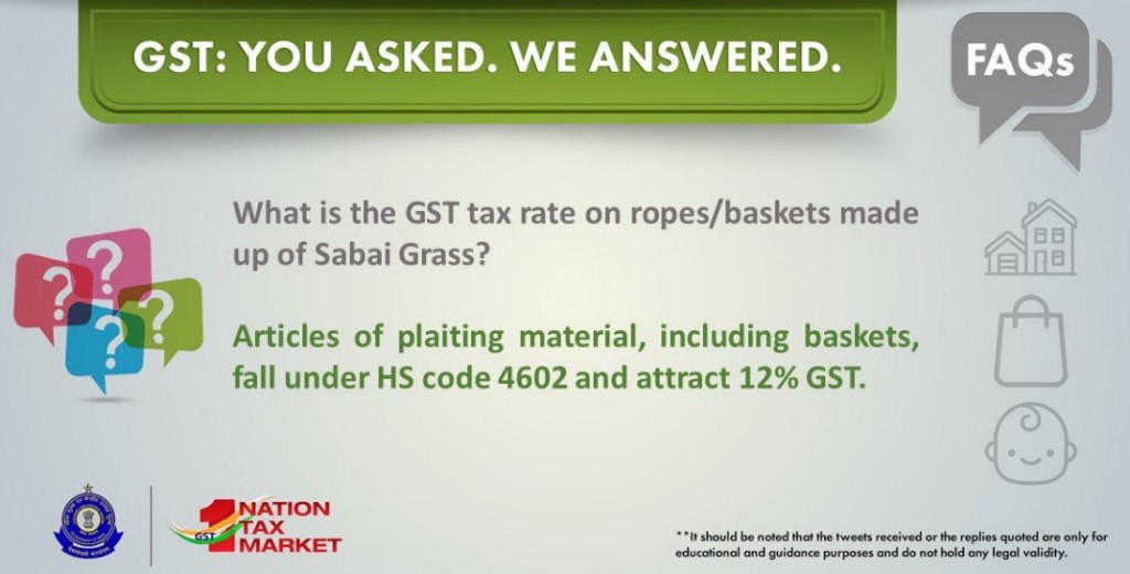 HS Code and GST rate for ropesbaskets made of sabai grass