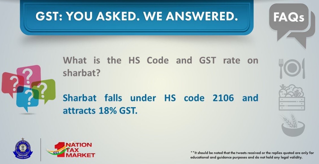 HS Code and GST rate for Sharbat is 2106 and 18