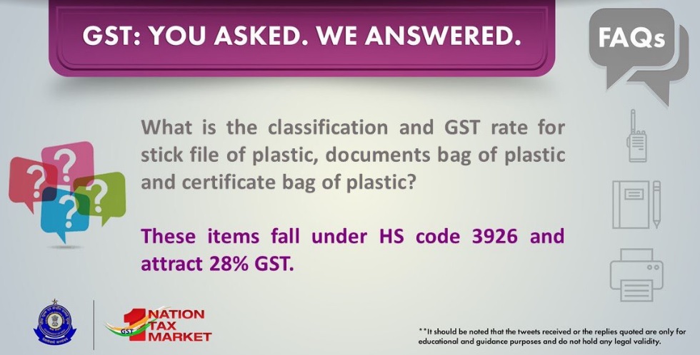 HS Code and GST rate for stick file and document bag of plastic